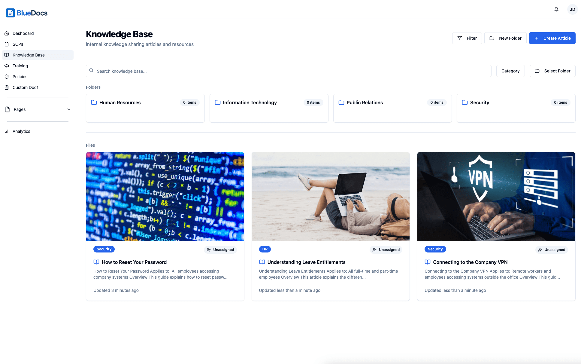 Knowledge base homepage with categories and featured articles